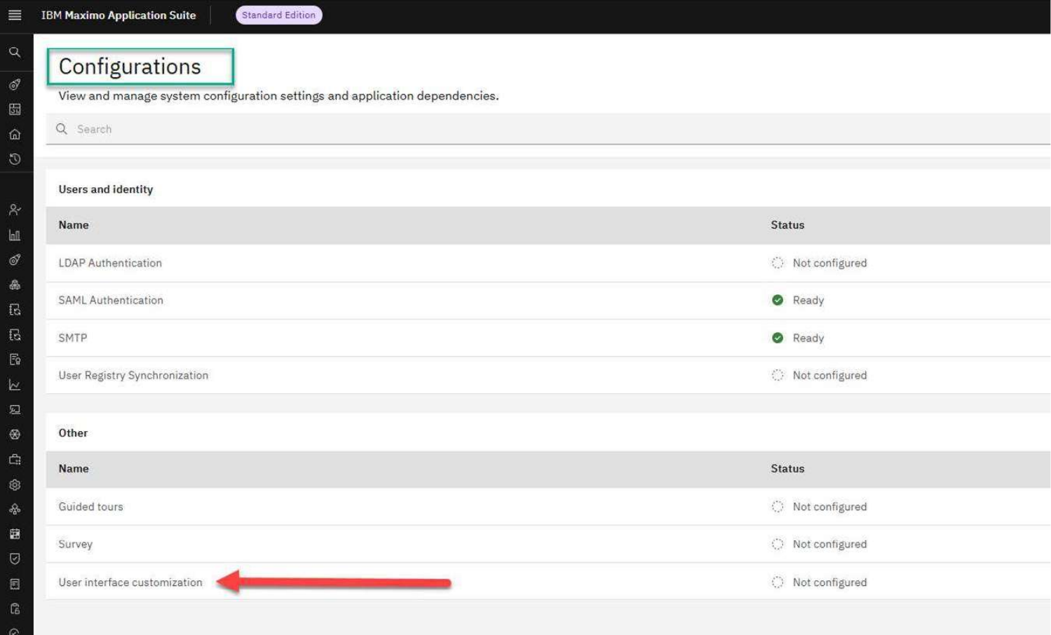 MAS Suite Administration Configurations page with User interface customization highlighted