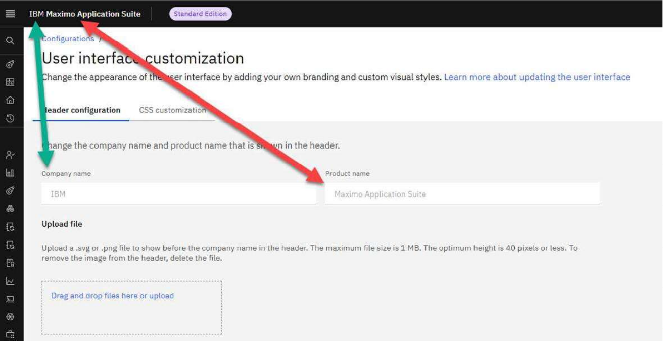 Header configuration tab showing the default IBM company name and Maximo Application Suite product name